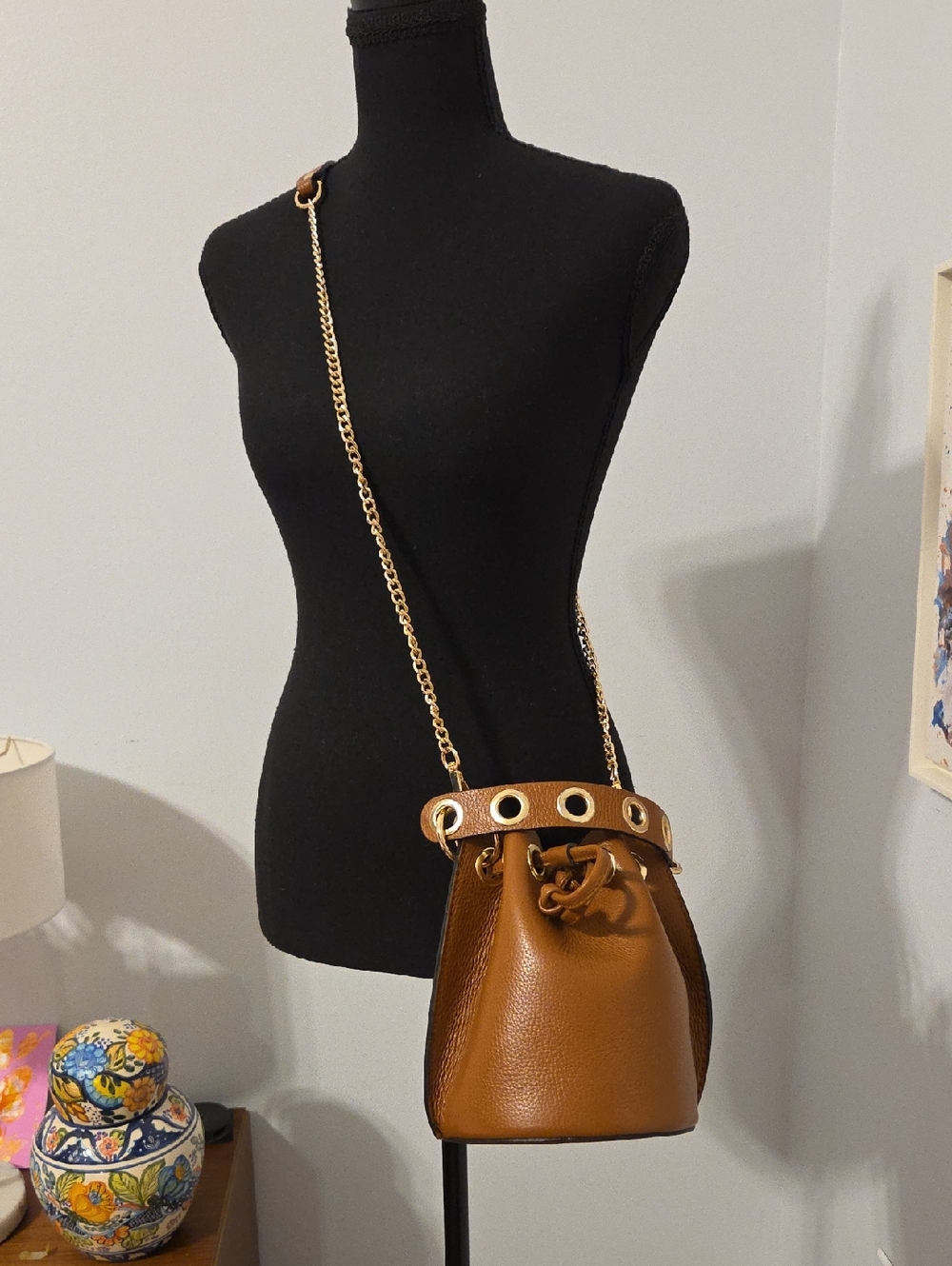 Brown Leather Bucket Bag with Gold Chain Strap